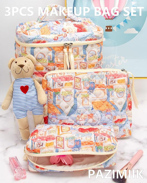 3 Piece Quilted Makeup Bag Set for Women,Cosmetic&Toiletry Bag,Little Bunny