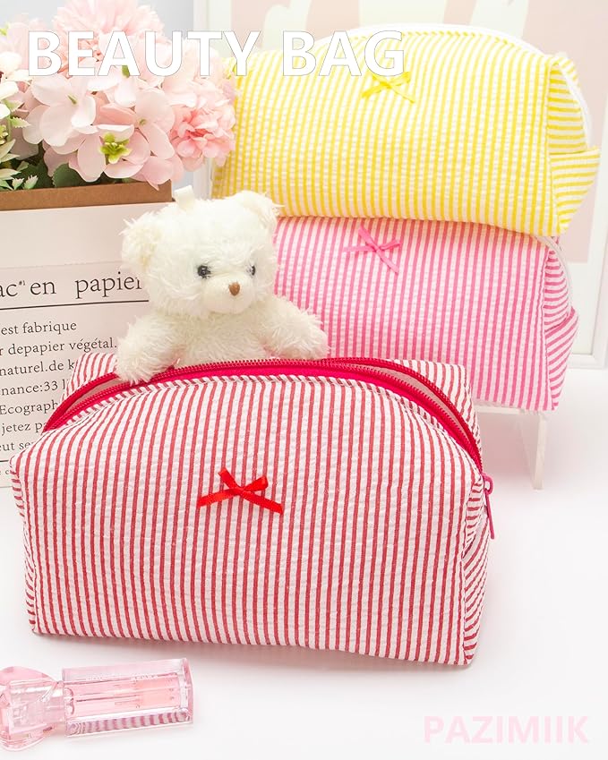 PAZIMIIK Cozy Makeup Bag for Women,Zipper Cosmetic Pouch,Stripe Red,6 Pack