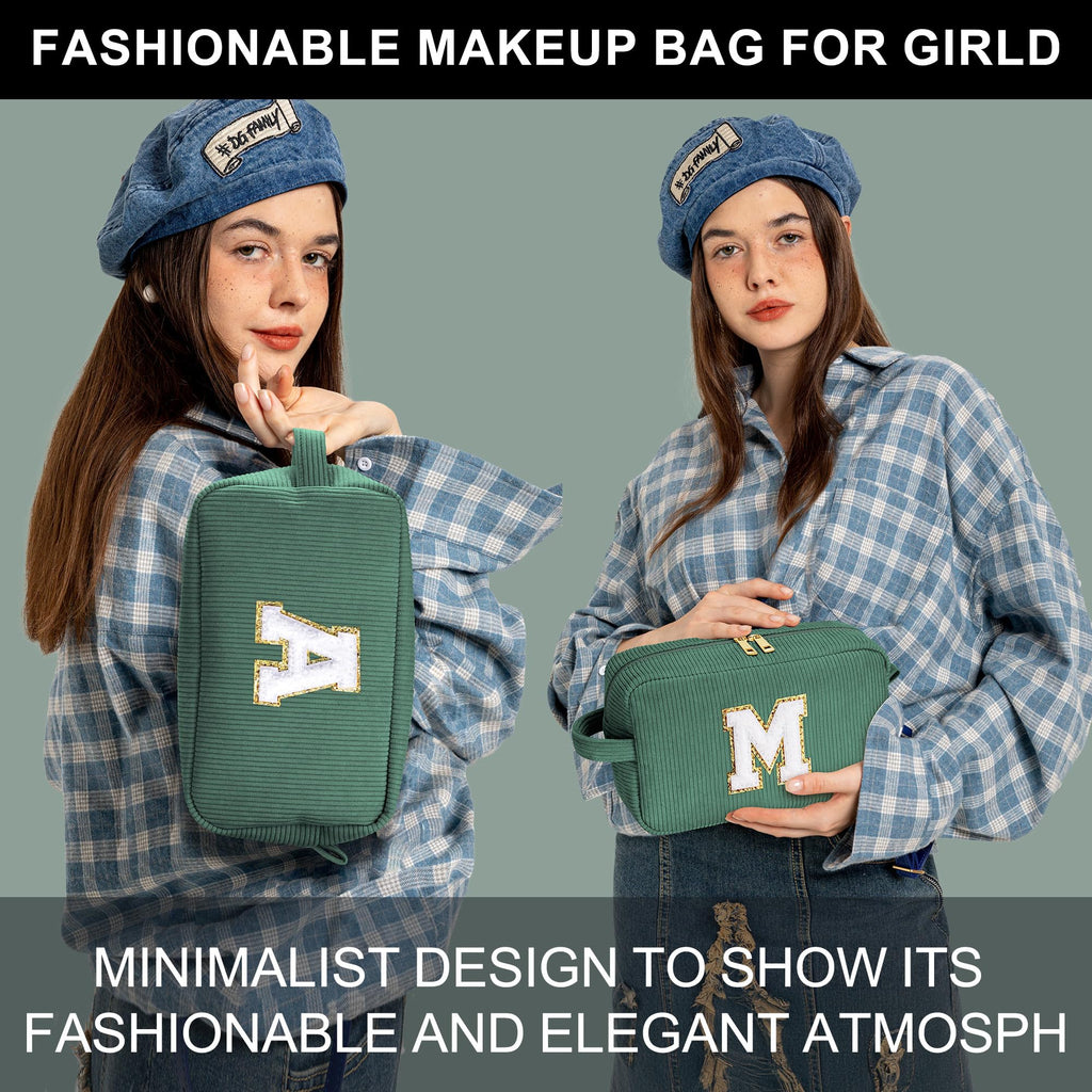 YOOLIFE Girls Makeup Bag - Teen Girl Gifts Deep Green Letter Make Up Bag Cosmetic Bag Mini Makeup Brush Bag Mother Teacher Gifts for Women Her Best Friend Birthday Gifts for Women Sister Initial S