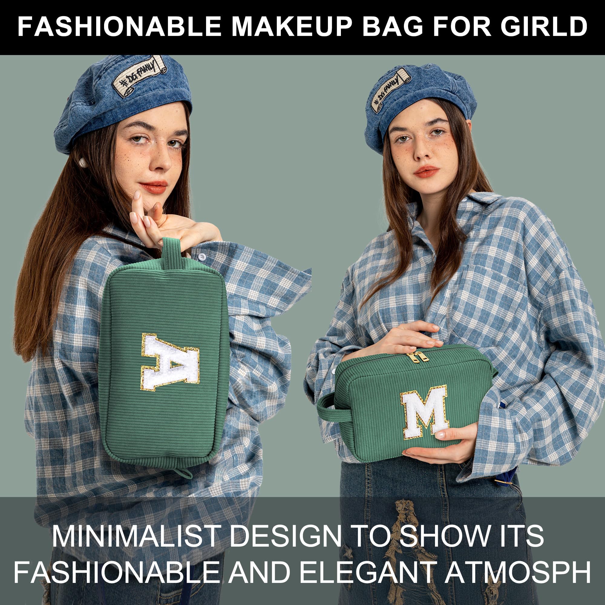 YOOLIFE Girls Makeup Bag - Teen Girl Gifts Deep Green Letter Make Up Bag Cosmetic Bag Mini Makeup Brush Bag Mother Teacher Gifts for Women Her Best Friend Birthday Gifts for Women Sister Initial S