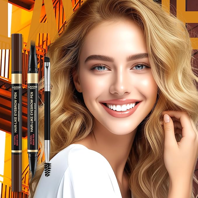 LAVONE Eyebrow Pen, 2-in-1 Waterproof Microblading Brow Pencil, Dark Brown