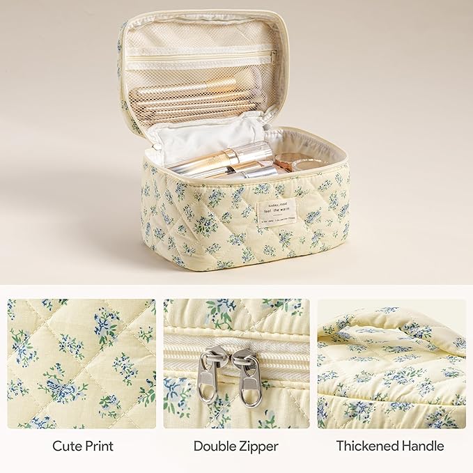 HBselect Quilted Makeup Bag, 3Pcs Cotton Large Travel Makeup Bags Organizer