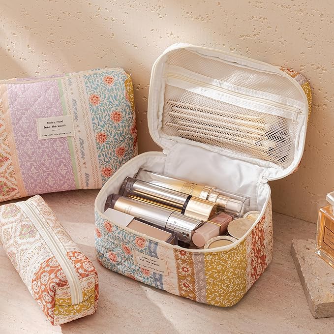 HBselect Quilted Makeup Bag, 3Pcs Cotton Large Travel Makeup Bags Organizer