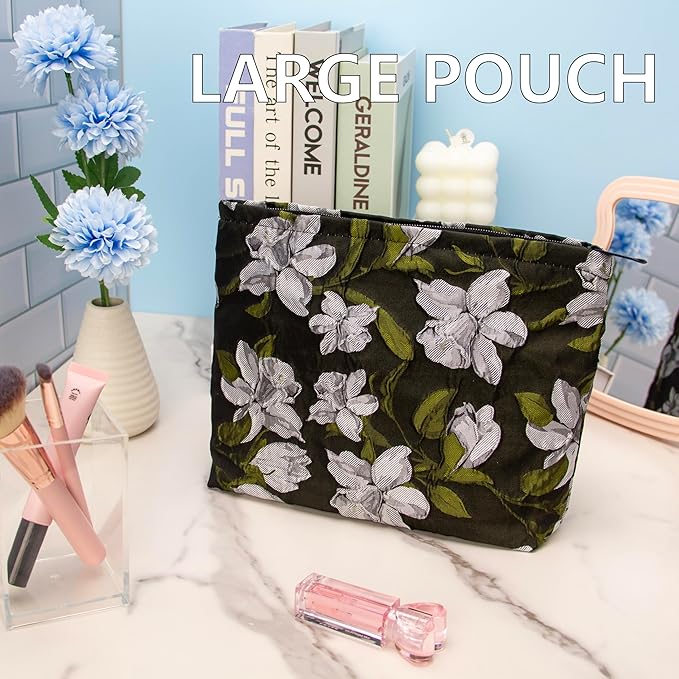Flat Makeup Bag for Women,Zipper Cosmetic Pouch Purse,Brocade Floral Black