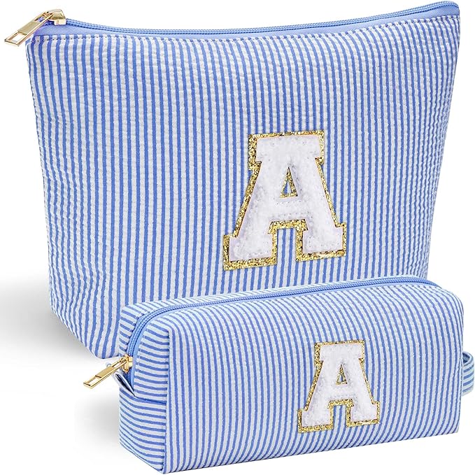 YOOLIFE Initial Makeup Bag for Girls Kids | Cosmetic Bag | Travel Toiletry Bag | Gift for Teacher Teen Girls Girlfriend Bridal Shower | Birthday Gift for Kids | 15 14 13 Year Old Girl Gifts Blue A