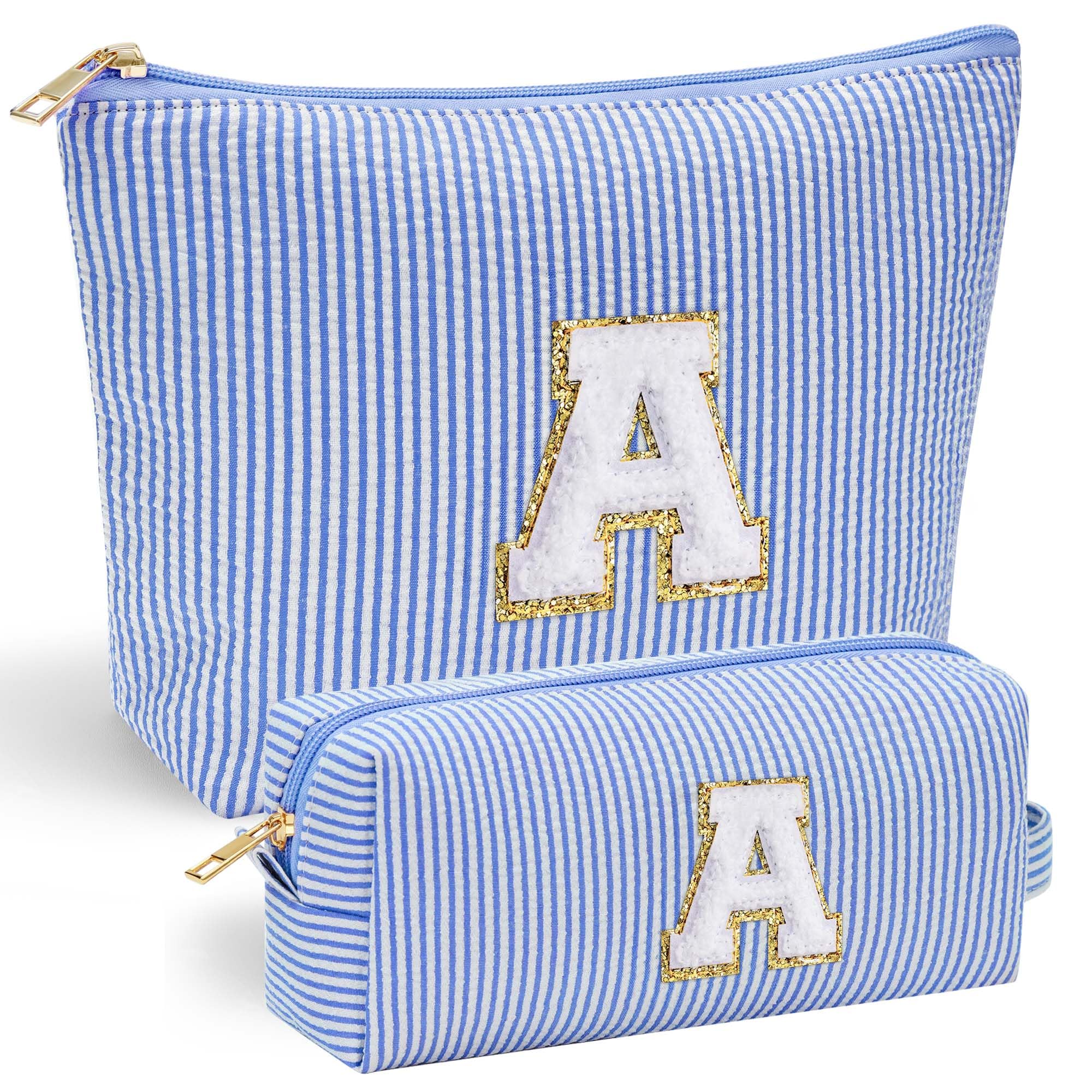 YOOLIFE Initial Makeup Bag for Girls Kids | Cosmetic Bag | Travel Toiletry Bag | Gift for Teacher Teen Girls Girlfriend Bridal Shower | Birthday Gift for Kids | 15 14 13 Year Old Girl Gifts Blue A