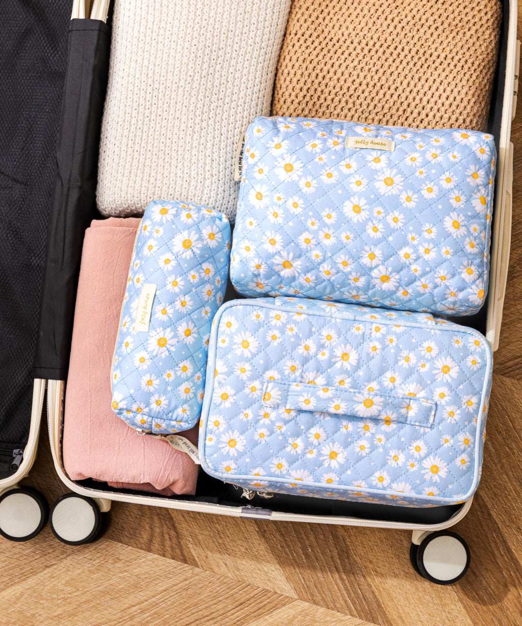 HBselect Quilted Makeup Bag, 3Pcs Cotton Large Travel Makeup Bags Organizer