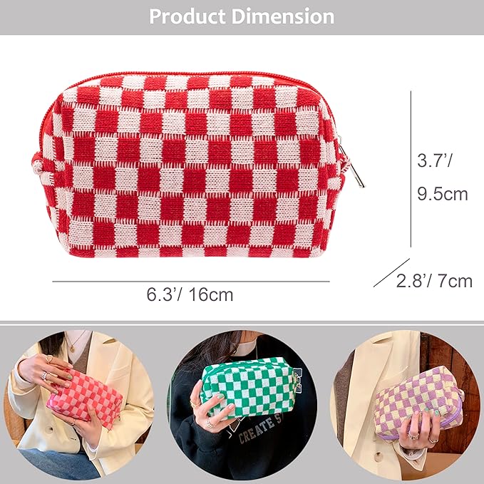 Checkered Makeup Bag for Purse, Small Travel Cosmetic Pouch,Red,2 Pack