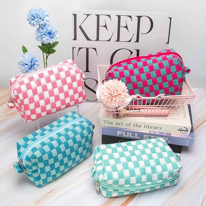 PAZIMIIK Checkered Makeup Bag for Purse Portable Zipper Make Up Pouch Small Cosmetic Case for Travel Accessories (2PCS Lake Blue)