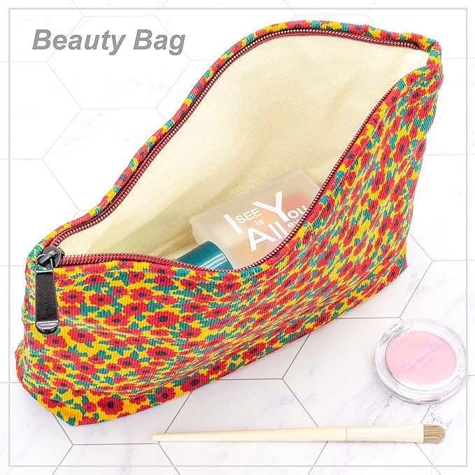 Flat Makeup Bag for Women,Zipper Cosmetic Pouch for Purse,Floral Red