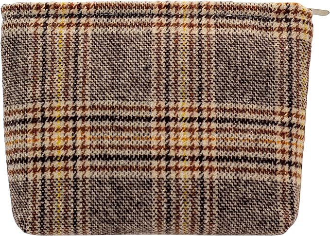 PAZIMIIK Makeup Bags for Purse Zipper Cosmetic Pouch Large Travel Canvas Make Up Organizer Tool Pouch for Women and Girls,Plaid Brown
