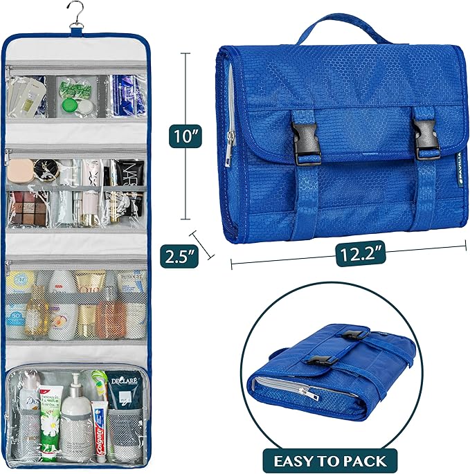 PAVILIA Travel Hanging Toiletry Bag for Women Men, Large Capacity Makeup Bag Kit, Waterproof Cosmetic Storage Organizer Case for Bathroom Shower, Royal Blue