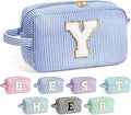 YOOLIFE Initial Makeup Bag for Women - Monogram Cute Makeup Bags Cosmetic Case Toiletry Pouch for Women Her Best Friend Sister Teacher, Personalized Birthday Gifts for Women, Blue Y