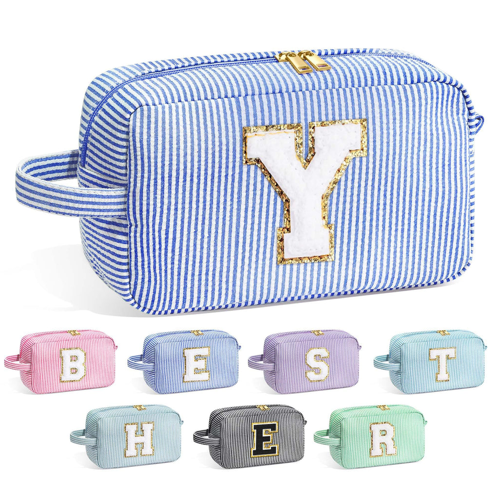 YOOLIFE Initial Makeup Bag for Women - Monogram Cute Makeup Bags Cosmetic Case Toiletry Pouch for Women Her Best Friend Sister Teacher, Personalized Birthday Gifts for Women, Blue Y