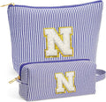 Fohufo Initial Travel Toiletry Bag for Women - Travel Essentials, Travel Makeup Bag Small Cosmetic Make up Bag Cute Stuff Birthday Gifts for Women Mom Girlfriend Teacher, Blue Letter N