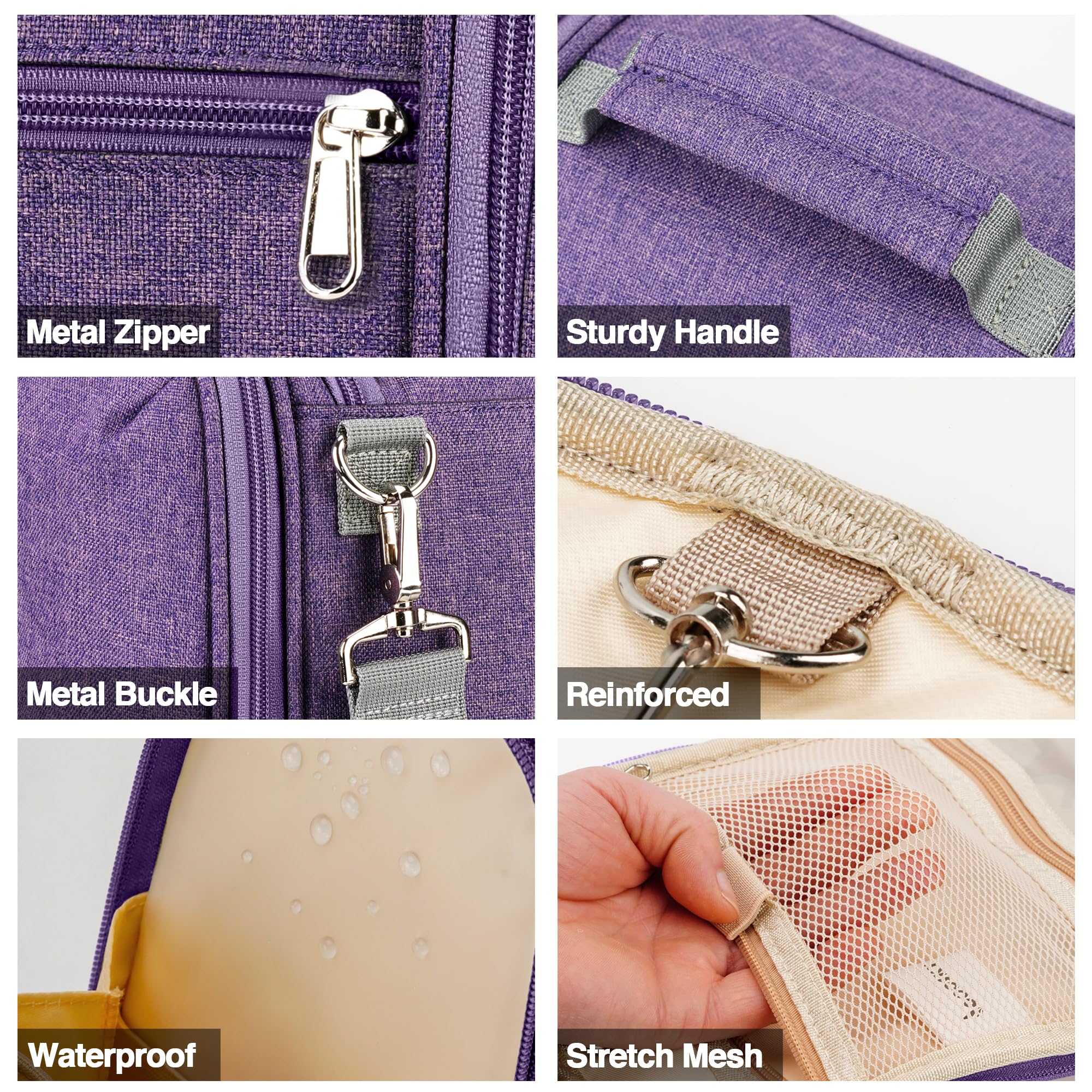 COOSKY Hanging Travel Toiletry Bag for Women and Men, 6 Organizer Compartments, Large Toiletries essentials, Bathroom Cosmetic Accessories, Water-resistant Makeup Bag, Holds Full-Size Shampoo, Purple