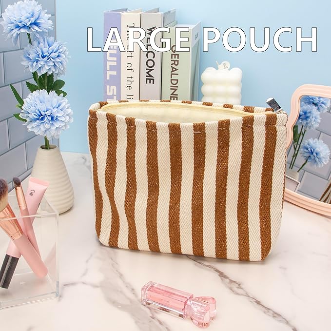 Flat Makeup Bag for Women,Zipper Cosmetic Pouch for Purse,Stripe Coffee