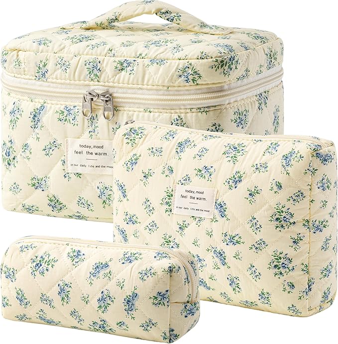 HBselect Quilted Makeup Bag, 3Pcs Cotton Large Travel Makeup Bags Organizer