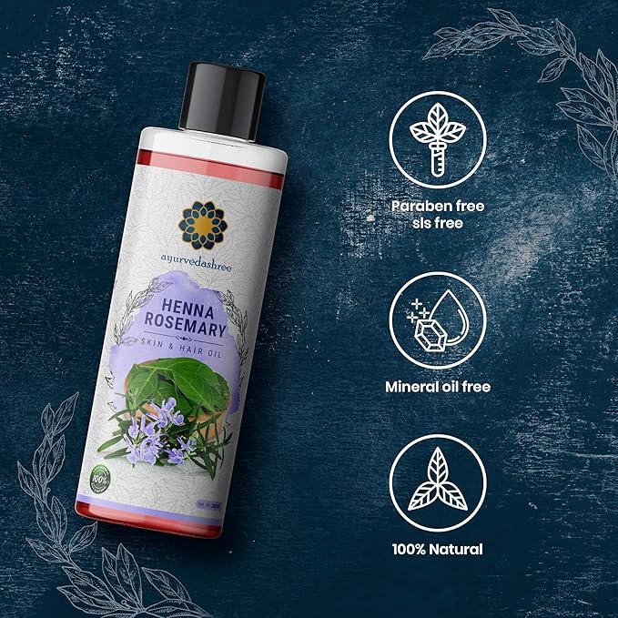 AYURVEDASHREE Henna Rosemary Hair Oil 200 ml, 6.76 fl oz with Neem, Shikakai, Bhringraj, Amla, Brahmi, Sesame, Olive & Sunflower Oils