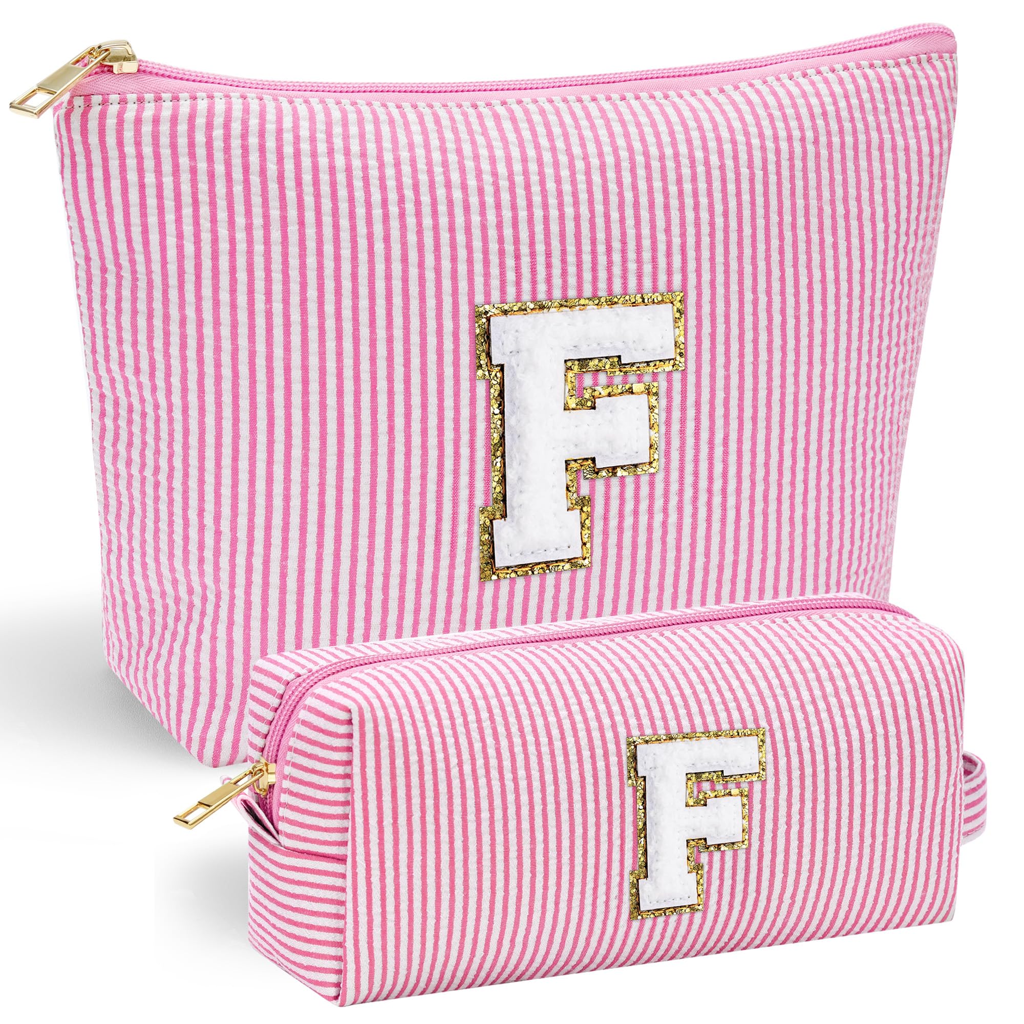 YOOLIFE Makeup Bag for Women, Personalized Initial Cute Makeup Pouch for Girlfriend Bridesmaid Wife | Cosmetic Travel Toiletry Bag for Friend Female Sister | Birthday Gift Idea for Her Mom Pink F