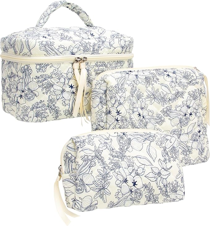 PAZIMIIK Quilted Makeup Bag for Women(Blue,3 Piece Set)