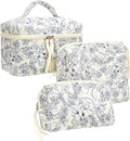 PAZIMIIK Quilted Makeup Bag for Women(Blue,3 Piece Set)
