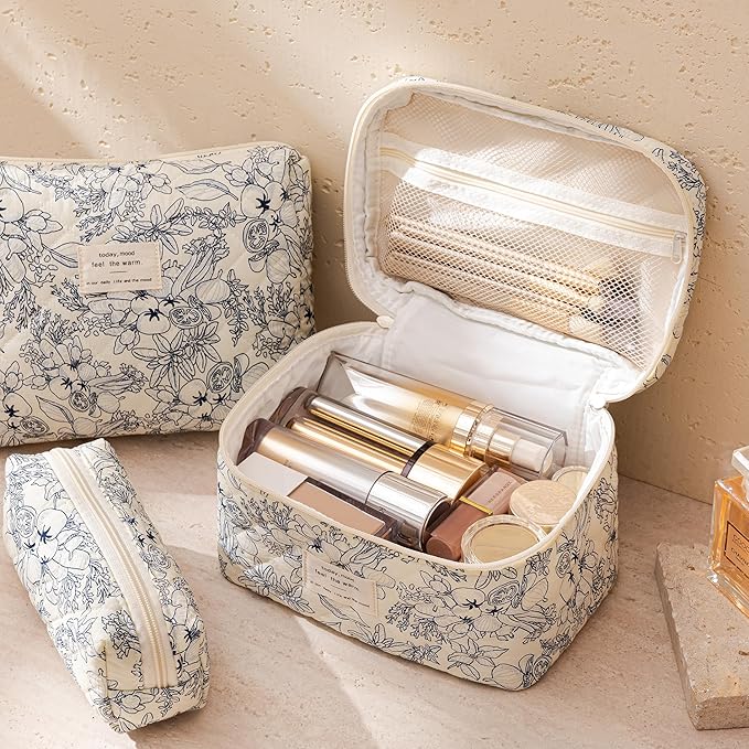 HBselect Quilted Makeup Bag, 3Pcs Cotton Large Travel Makeup Bags Organizer