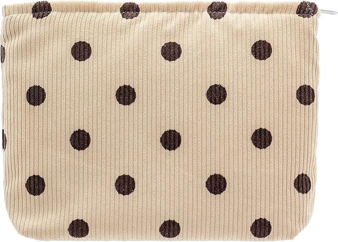 Flat Makeup Bag for Women,Zipper Cosmetic Pouch for Purse,Polka Dot Beige