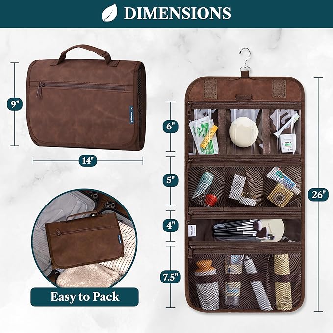 PAVILIA Hanging Toiletry Bag for Women Men, Large Foldable Toiletries Organizer with Hook, Water-Resistant Makeup Cosmetic Rollup Case, Clear Pockets for Bathroom, Gym, Cruise (Brown)