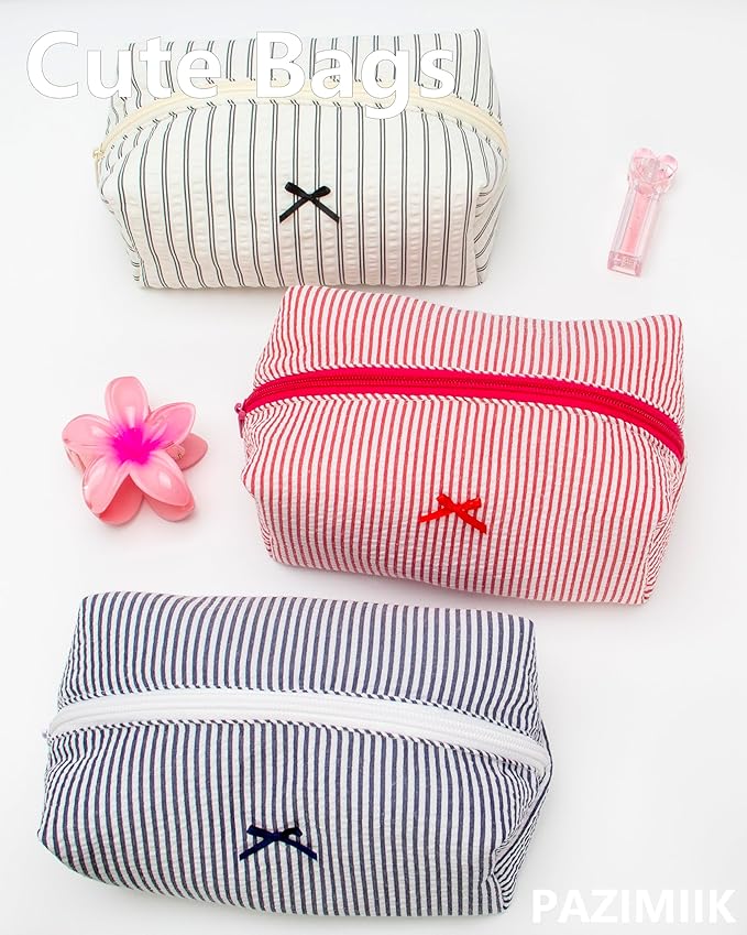 PAZIMIIK Cozy Makeup Bag for Women,Zipper Cosmetic Pouch,Stripe Red,6 Pack
