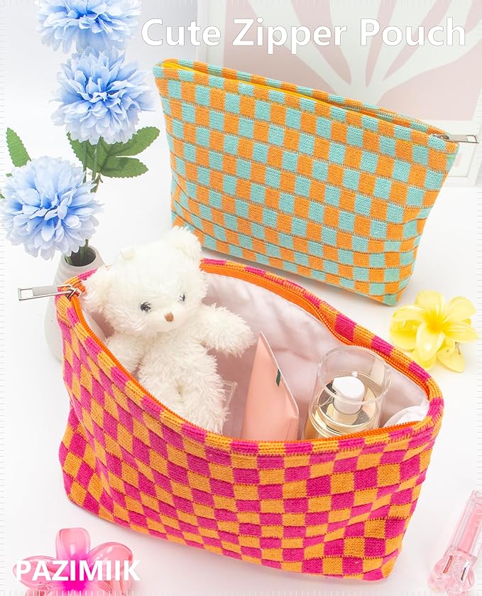Checkered Makeup Bag for Purse, Small Flat Cosmetic Pouch,Red Orange
