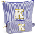 Fohufo Travel Toiletry Bag Set for Women - Travel Essentials, Initial Travel Makeup Bag Organizer Small Cosmetic Bag for Purse Blue Stuff Gifts for Women Mom Girlfriend Teacher, Blue Letter K