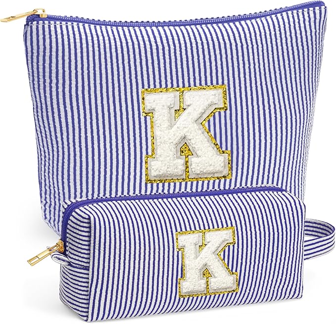 Fohufo Travel Toiletry Bag Set for Women - Travel Essentials, Initial Travel Makeup Bag Organizer Small Cosmetic Bag for Purse Blue Stuff Gifts for Women Mom Girlfriend Teacher, Blue Letter K