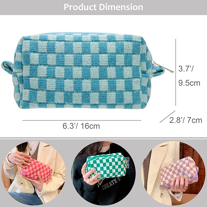 Checkered Makeup Bag for Purse, Small Travel Cosmetic Pouch,Lake Blue
