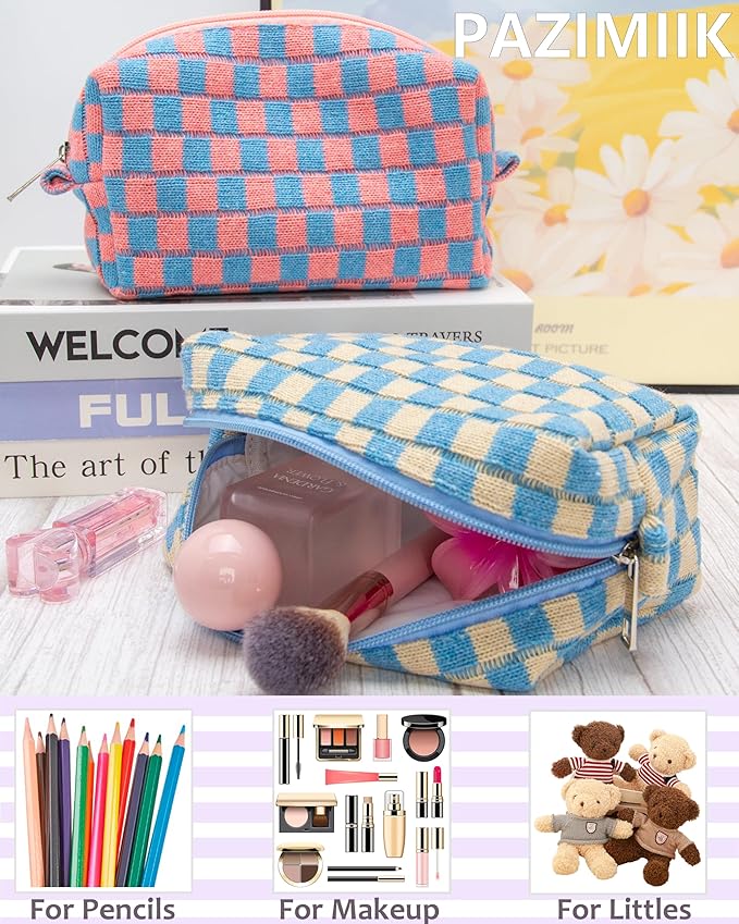 Checkered Makeup Bag for Purse, Small Travel Cosmetic Pouch,Blue Beige