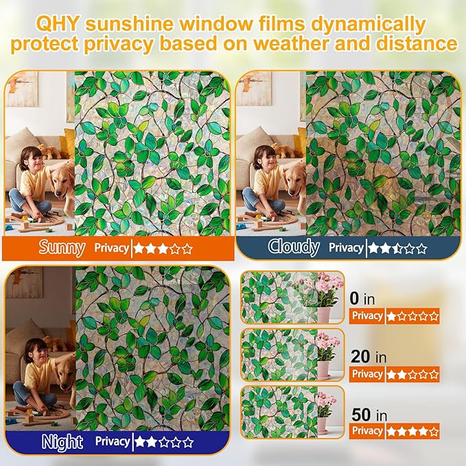 QHYsunshine Stained Glass Window Privacy Film Decorative Rainbow Static Clings – Ideal for Home & Office, Adhesive-Free, Removable, UV-Blocking (Green Rainbow, 17.5 X 78.7 in)