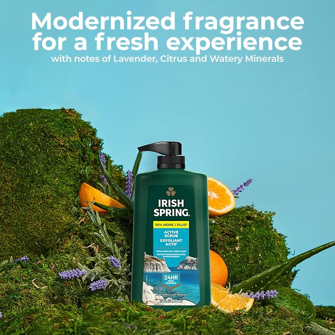 Irish Spring Active Scrub Body Wash for Men, Cool Fresh Scent, 887 mL
