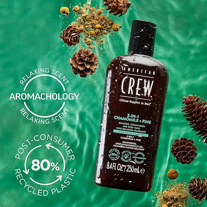 AMERICAN CREW 3-in-1 Chamomile & Pine, Shampoo, Conditioner & Body Wash for Men, Hair Care Gift for Him, Calming and Relaxing Fragrance, 33.8 fl oz