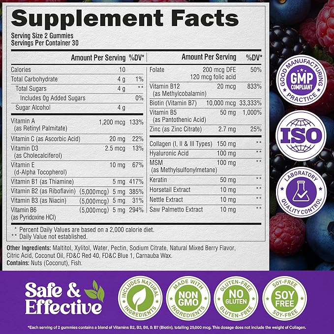 Biotin Gummies for Hair Growth Support - for Women & Men - Berry, 60 Gummy