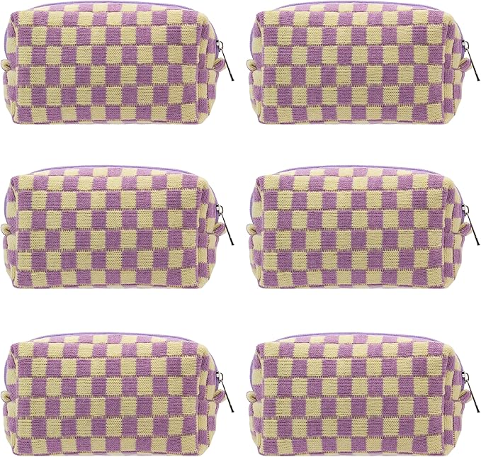 Checkered Makeup Bag for Purse, Small Travel Cosmetic Pouch,Purple,6 Pack