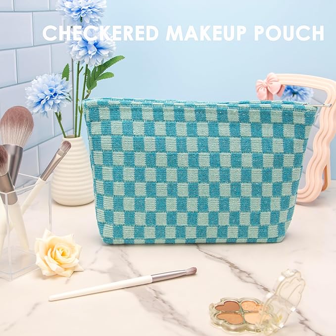 Checkered Makeup Bag for Purse, Small Flat Cosmetic Pouch,Lake Blue