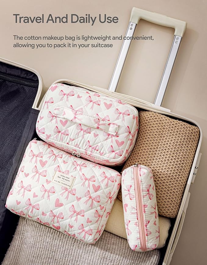 HBselect Quilted Makeup Bag, 3Pcs Cotton Large Travel Makeup Bags Organizer