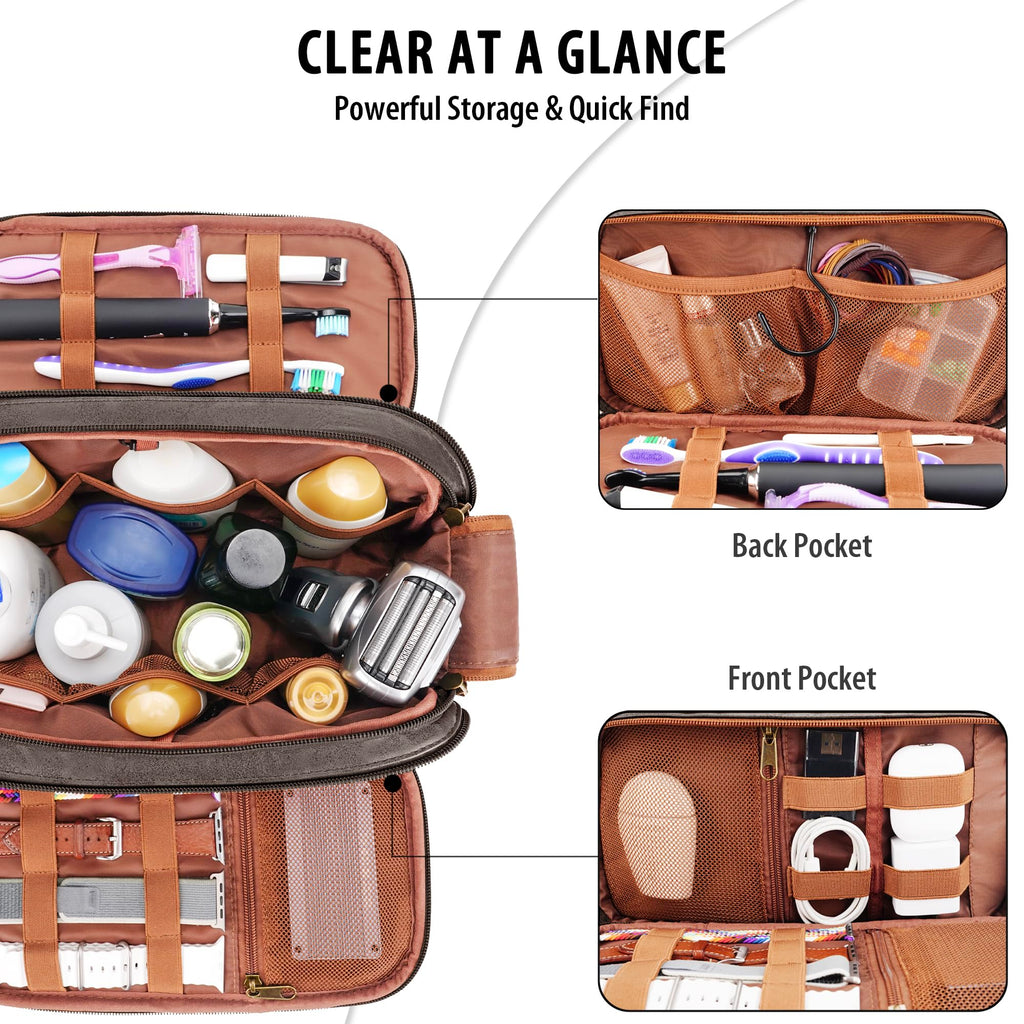 COOSKY Travel Toiletry Bag for Men, Large Hanging Toiletries Organizer Bags for Women, Cruise Ship Essentials, Water-resistant Shaving Case, PU Leather Makeup Accessories Cosmetic Dopp Kit, Dark Brown