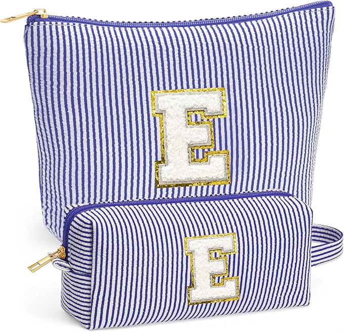 Fohufo Initial Makeup Bag Set - Cute Blue Stuff for Women, Makeup Pouch Cosmetic Bag Small Makeup Bag for Purse, Travel Essentials Toiletry Bag for Women Birthday Gifts, Blue Letter E