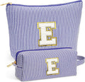 Fohufo Initial Makeup Bag Set - Cute Blue Stuff for Women, Makeup Pouch Cosmetic Bag Small Makeup Bag for Purse, Travel Essentials Toiletry Bag for Women Birthday Gifts, Blue Letter E
