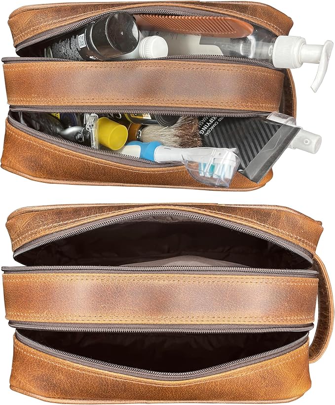 Leather Travel Toiletry Bag for Men, Full Grain Cosmetic Dopp Kit Organizer