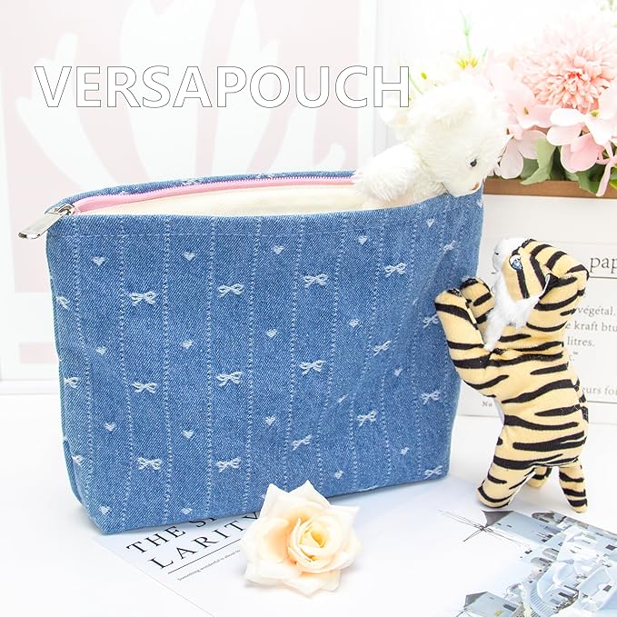 Flat Makeup Bag for Women,Zipper Cosmetic Pouch for Purse,Jean Blue