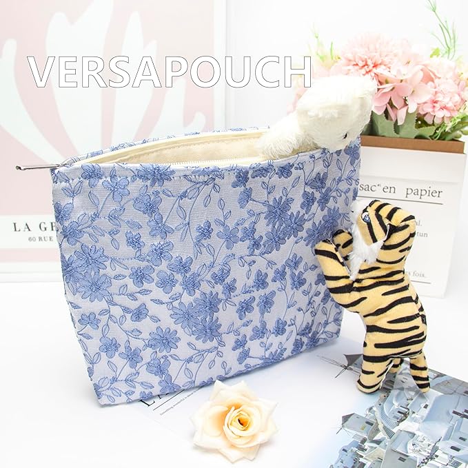 Flat Makeup Bag for Women,Zipper Cosmetic Pouch for Purse,Brocade Silver