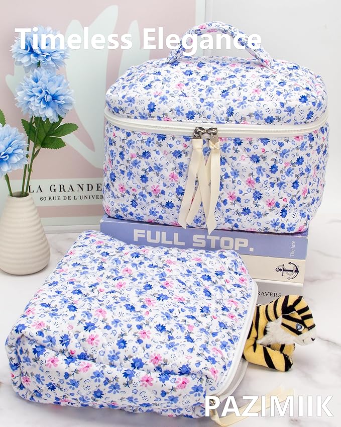 Quilted Makeup Bag for Women, Travel Cosmetic&Toiletry Bag,Floral Blue
