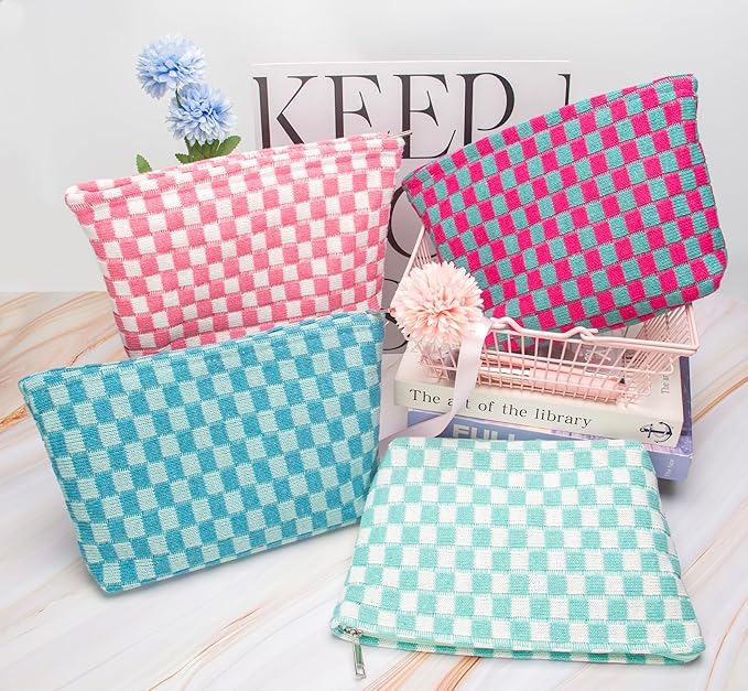 Checkered Makeup Bag for Purse, Small Flat Cosmetic Pouch,Magenta Green